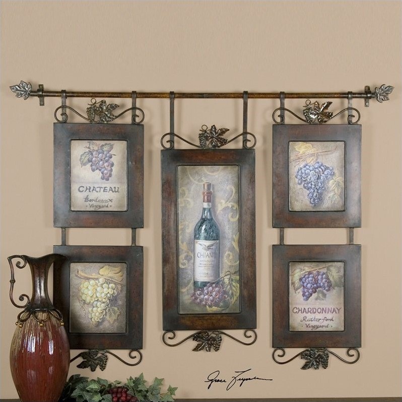 Bowery Hill Hanging Wine Distressing Metal Framed Art in Brown and Black