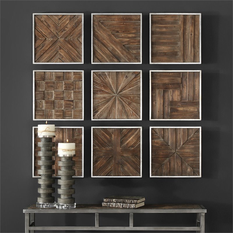 Bowery Hill Modern 9 Piece Wall Panel Set in Rustic Natural
