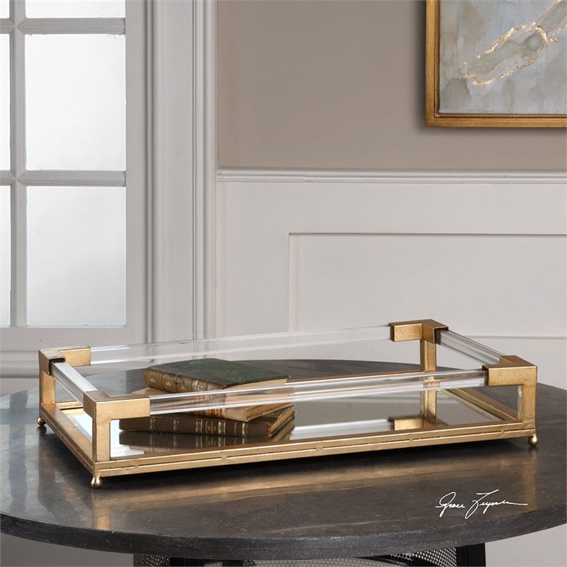 Bowery Hill Modern Mirrored Decorative Tray in Antique Gold