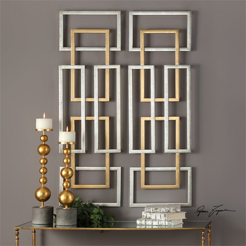 Bowery Hill Modern 2 Piece Geometric Wall Art Set in Antique Gold