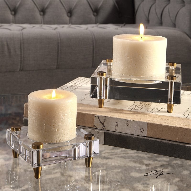 Bowery Hill 2 Piece Crystal Block Candle Holder Set in Brass