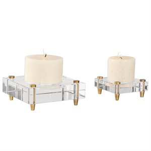 Bowery Hill 2 Piece Crystal Block Candle Holder Set in Brass