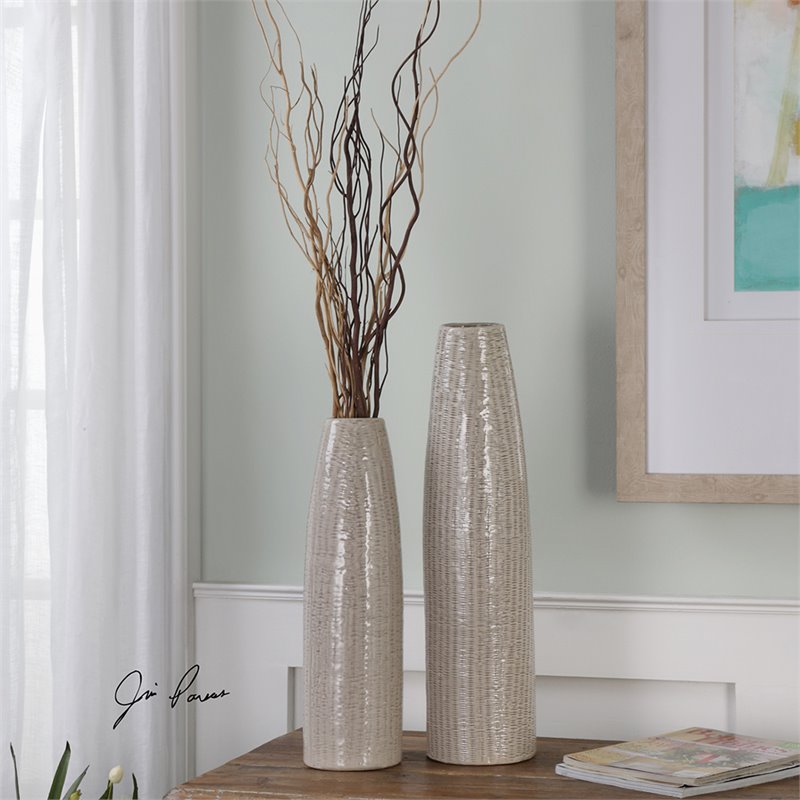 BOWERY HILL Contemporary 2 Piece Vase Set in Textured Nickel BOWERY HILL Contemporary 2 Piece Vase Set in Textured Nickel