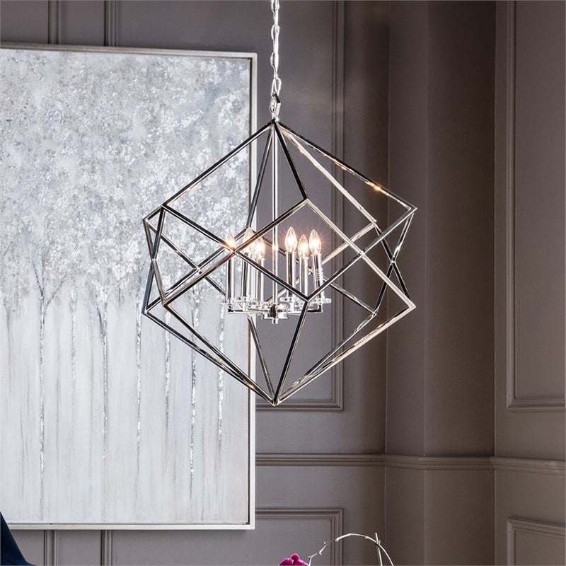 Bowery Hill Contemporary 6 Light Cube Pendant Light in Nickel