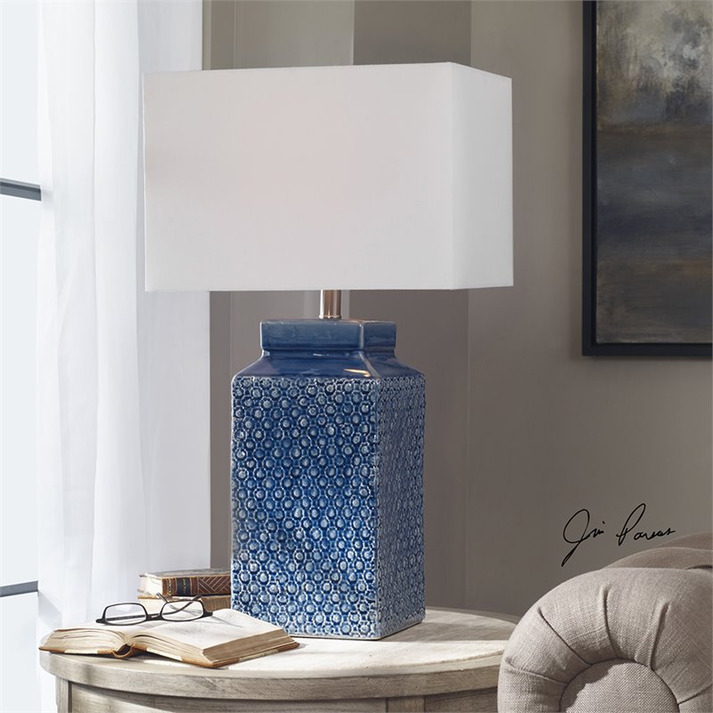 Bowery Hill Contemporary Table Lamp in Sapphire Blue and White