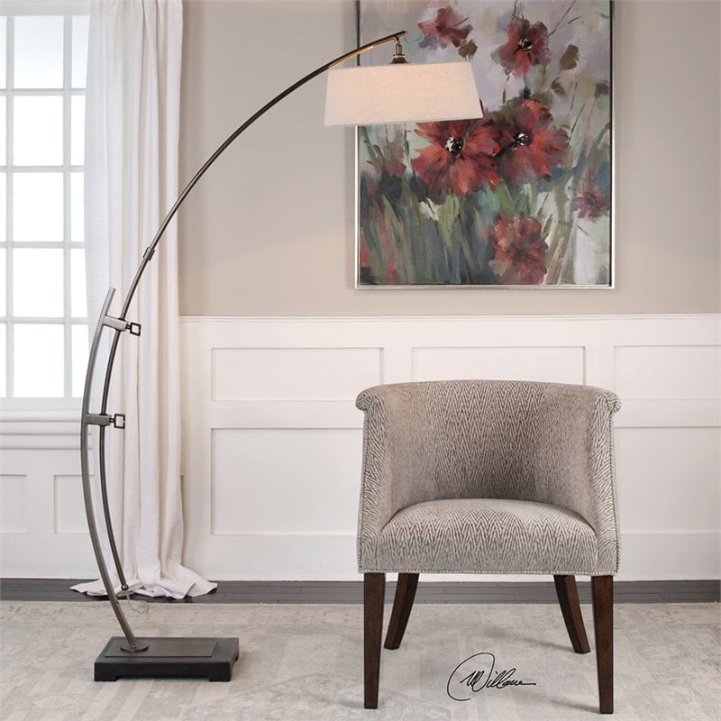 Bowery Hill Modern Arc Floor Lamp in Dark Bronze and Light Beige
