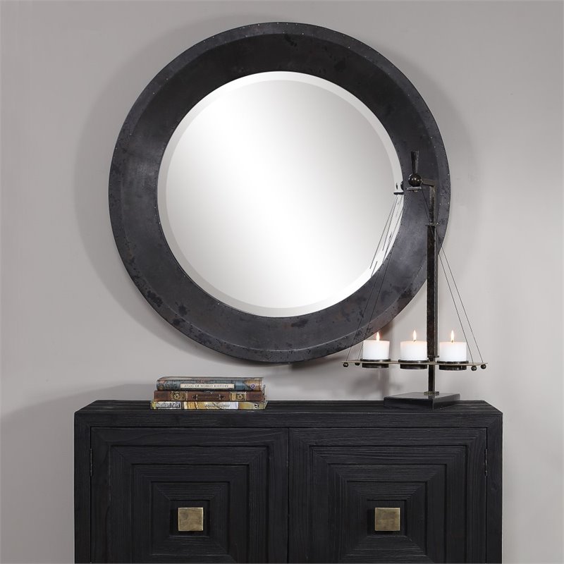 Bowery Hill Contemporary Round Industrial Mirror in Dark Gray