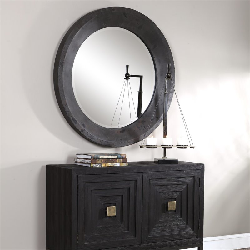 Bowery Hill Contemporary Round Industrial Mirror in Dark Gray