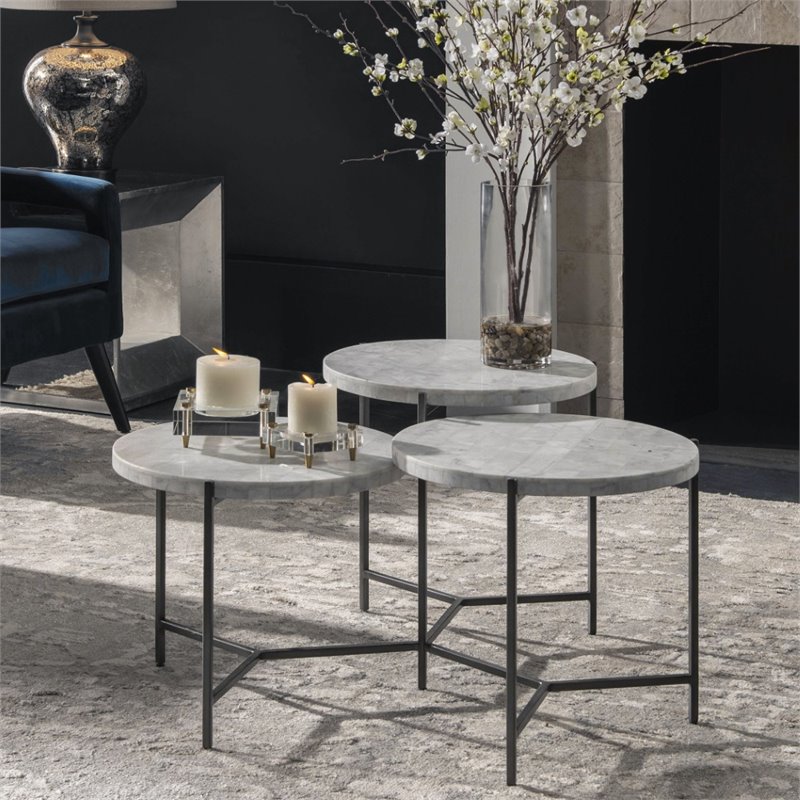 Bowery Hill Contemporary Tiered Coffee Table in White Marble