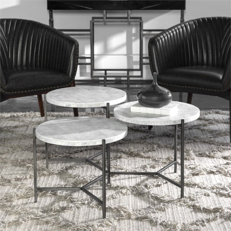 Bowery Hill Contemporary Tiered Coffee Table in White Marble