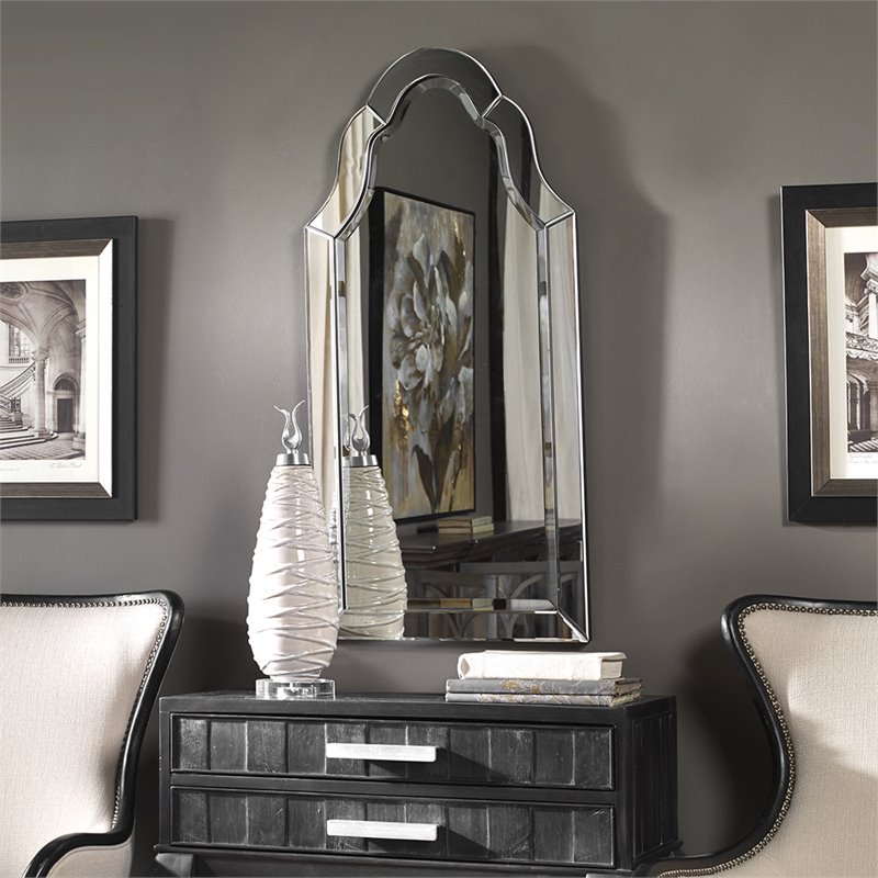 Bowery Hill Wood and Mirror Frameless Arched Wall Mirror Beveled 43.5