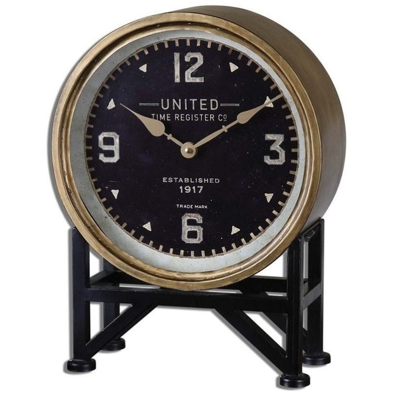 Bowery Hill Contemporary Iron Table Clock in Brass Finish