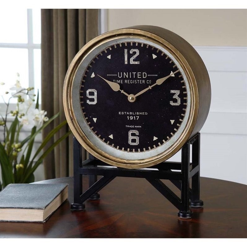 Bowery Hill Contemporary Iron Table Clock in Brass Finish