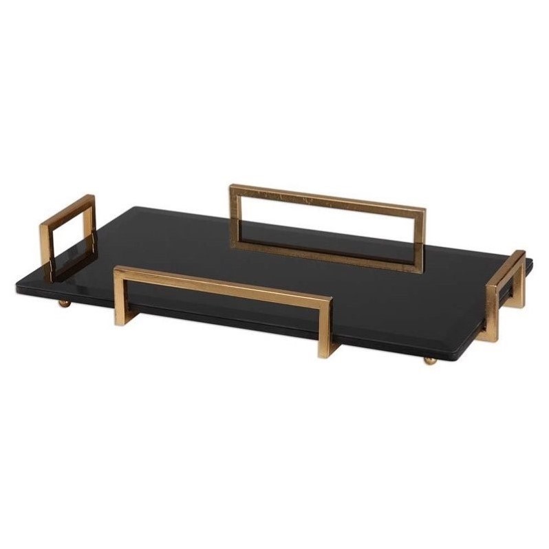 Bowery Hill Black Glass Tray with Antiqued Gold Leaf Handles