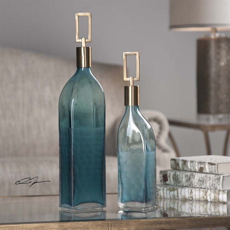 Bowery Hill Contemporary Iron Teal Glass Bottles (Set of 2)