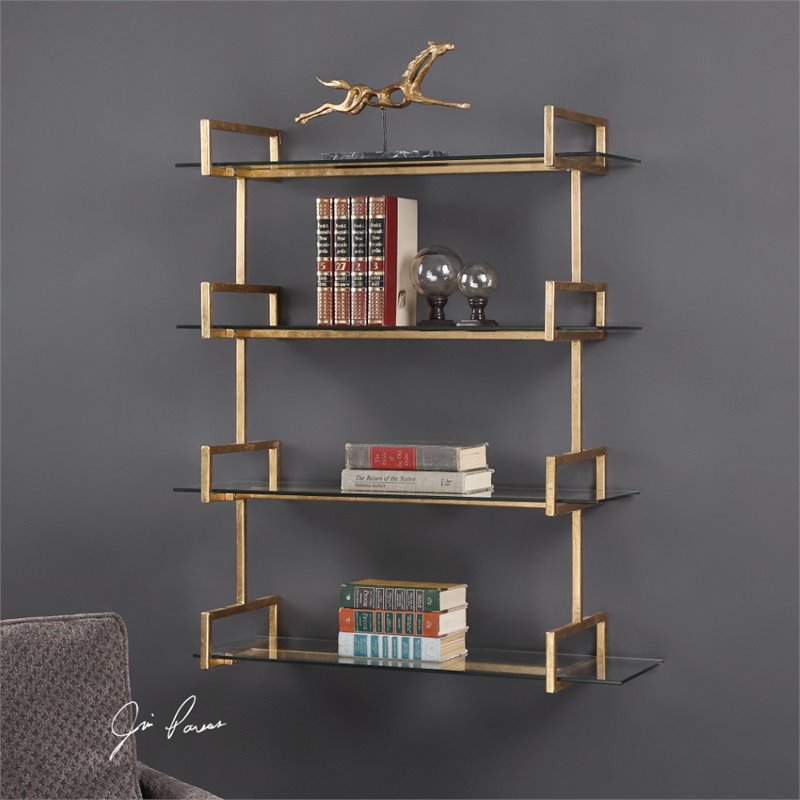 Bowery Hill Contemporary Iron/Tempered GlassWall Shelf in Gold