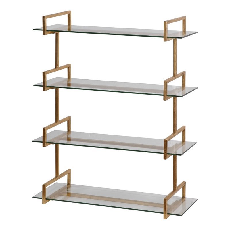 Bowery Hill Contemporary Iron/Tempered GlassWall Shelf in Gold