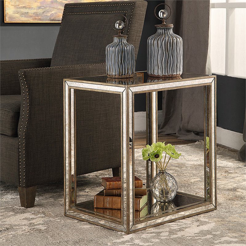Bowery Hill Contemporary Mirrored End Table in Antique Gold