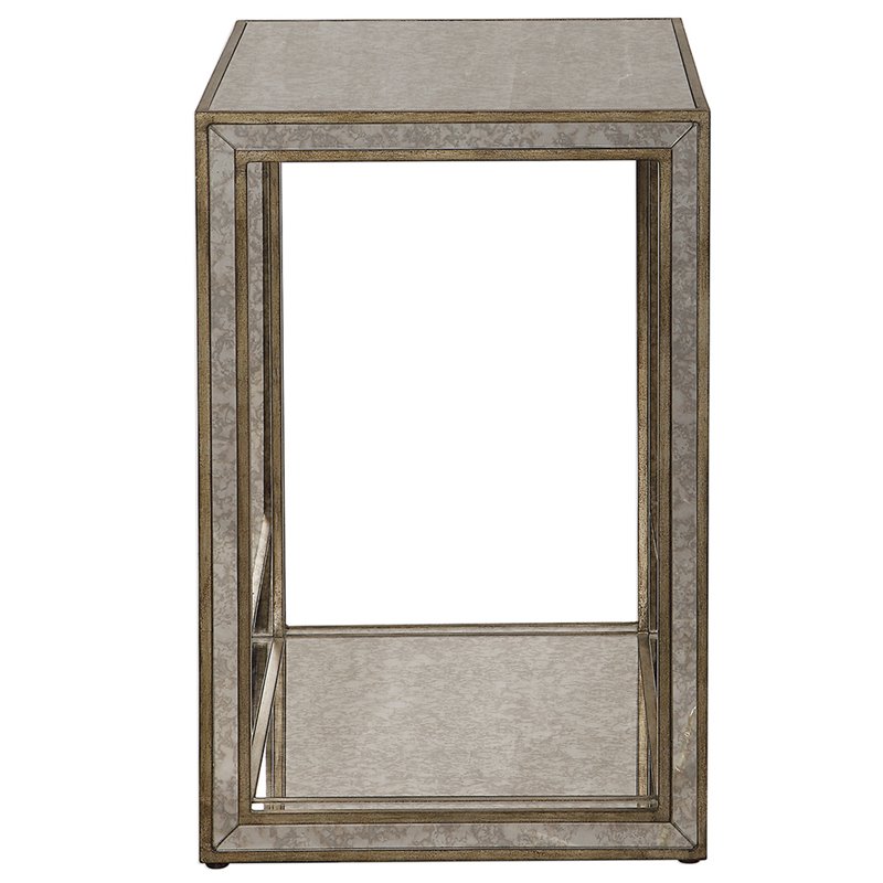 Bowery Hill Contemporary Mirrored End Table in Antique Gold