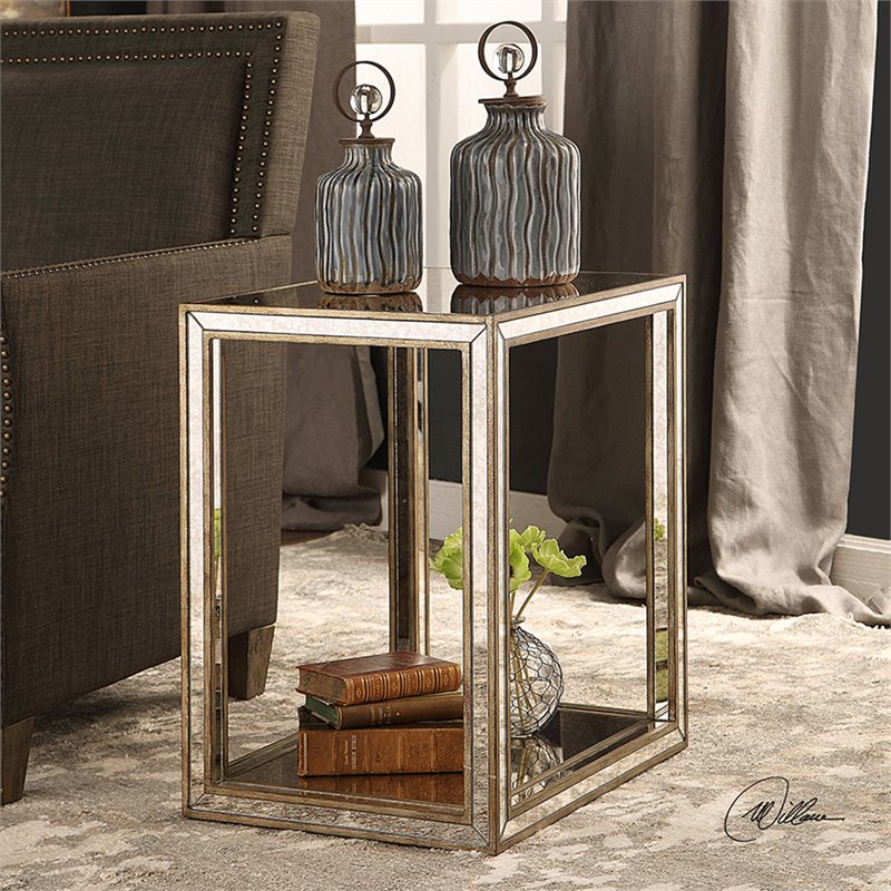 Bowery Hill Contemporary Mirrored End Table in Antique Gold
