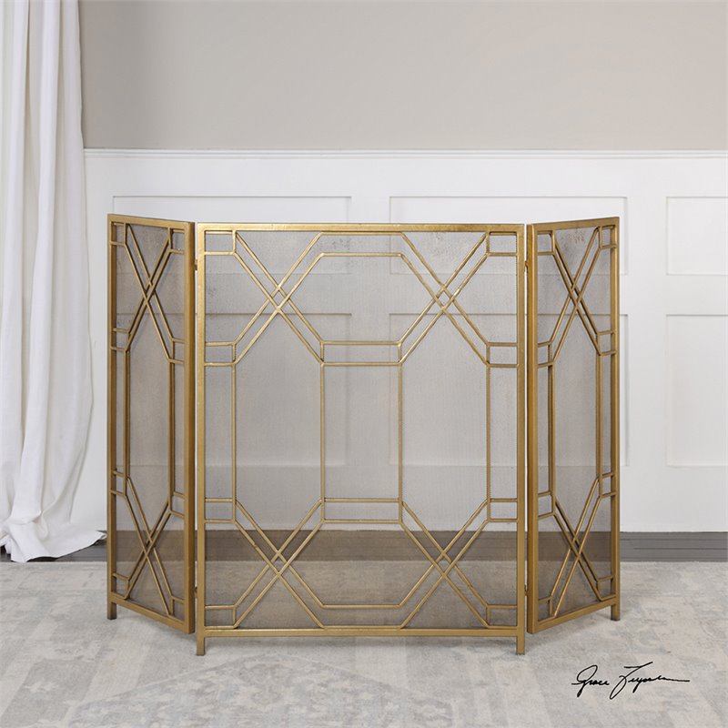 Bowery Hill Contemporary Fireplace Screen in Gold