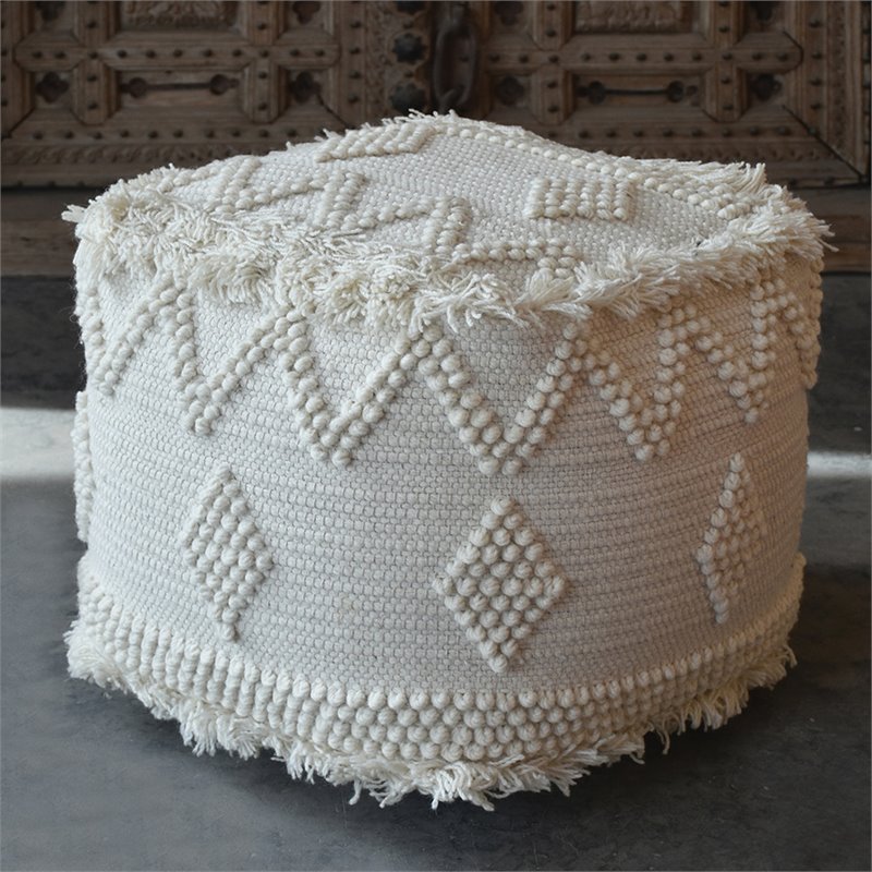 Bowery Hill Modern Hand Woven Wool and Cotton Pouf in Ivory