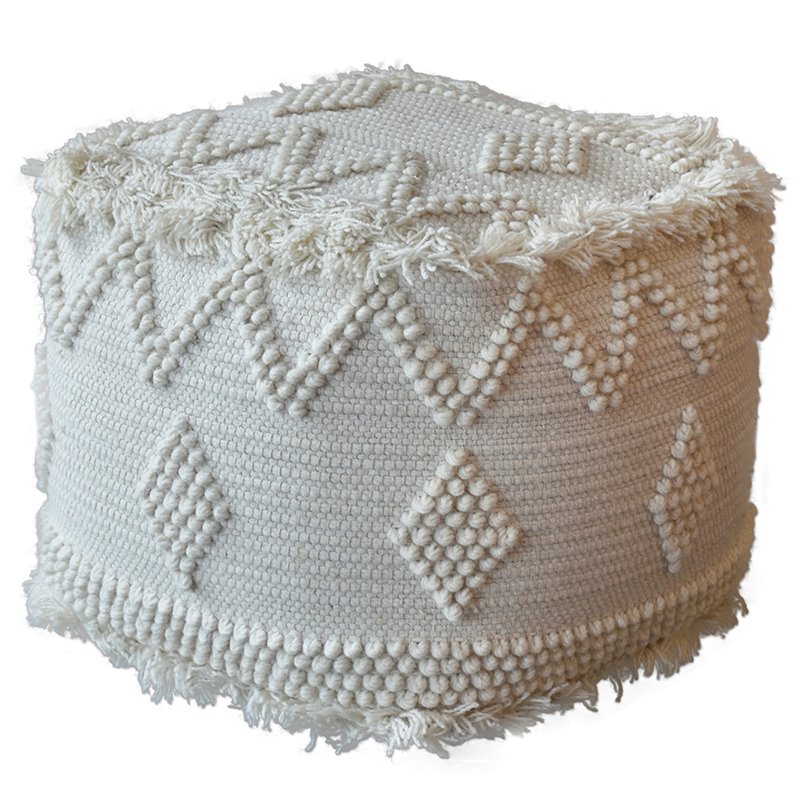 Bowery Hill Modern Hand Woven Wool and Cotton Pouf in Ivory