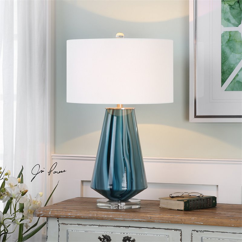 Bowery Hill Contemporary Glass Table Lamp in Teal and White