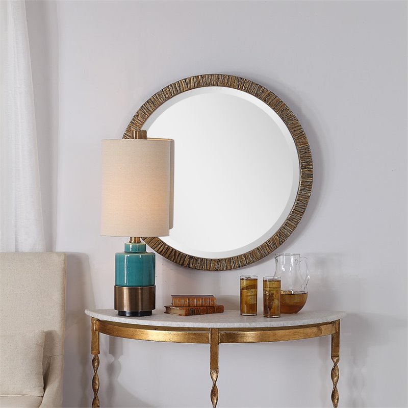Bowery Hill Contemporary Round Mirror in Metallic Gold