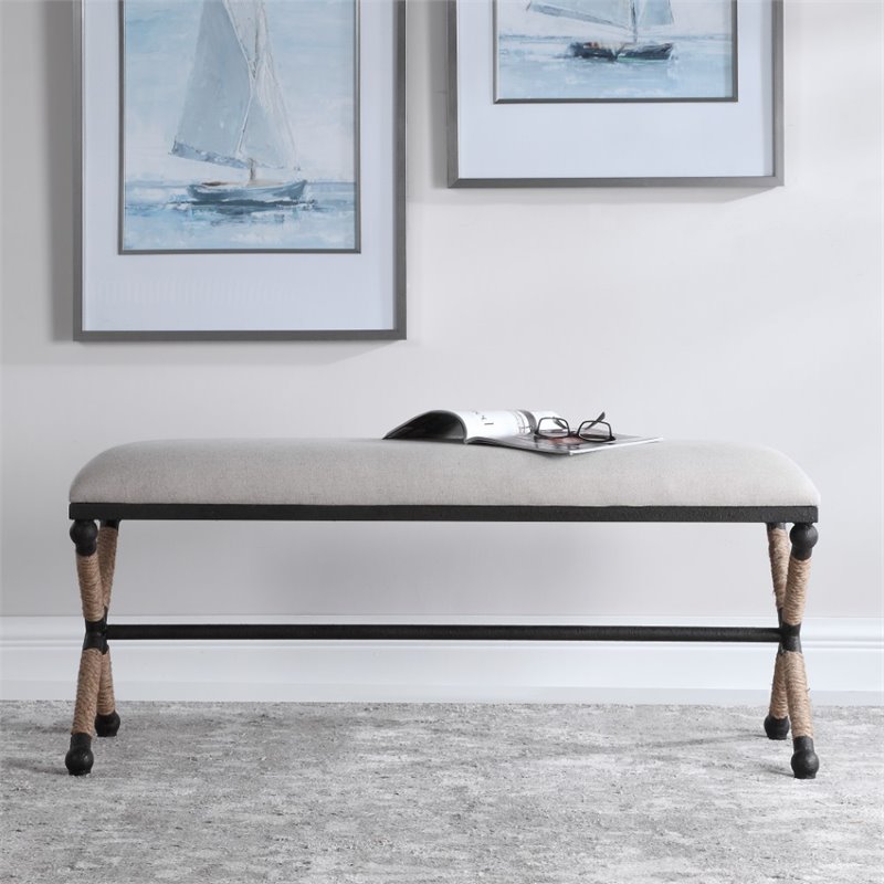Bowery Hill Contemporary Upholstered Iron Bench in Oatmeal