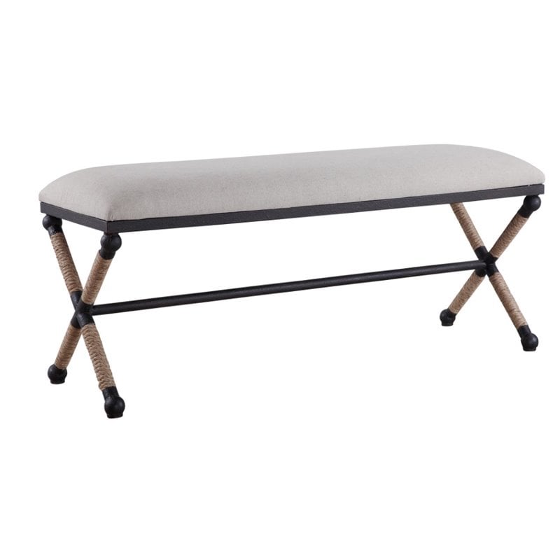 Bowery Hill Contemporary Upholstered Iron Bench in Oatmeal