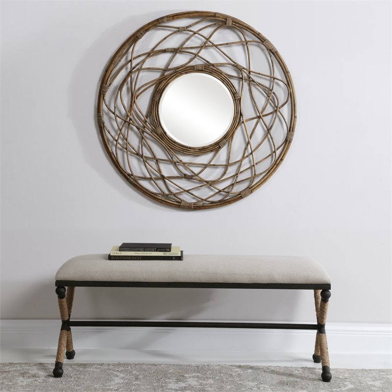 Bowery Hill Contemporary Upholstered Iron Bench in Oatmeal