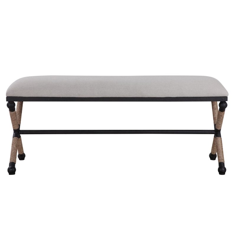 Bowery Hill Contemporary Upholstered Iron Bench in Oatmeal