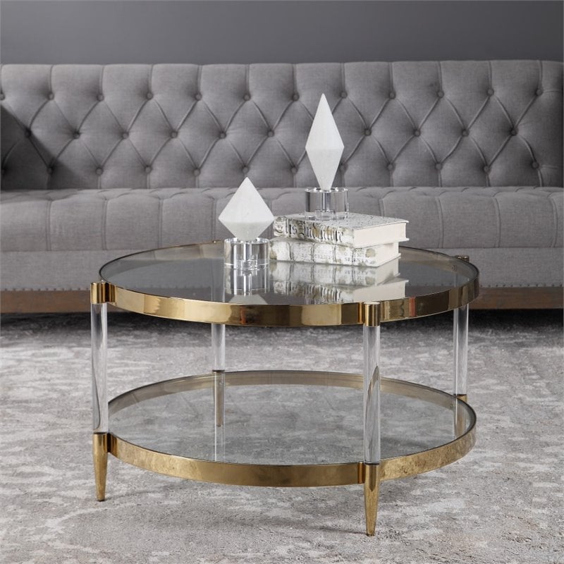 Bowery Hill Contemporary Glass Coffee Table in Gold