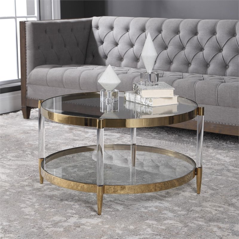 Bowery Hill Contemporary Glass Coffee Table in Gold