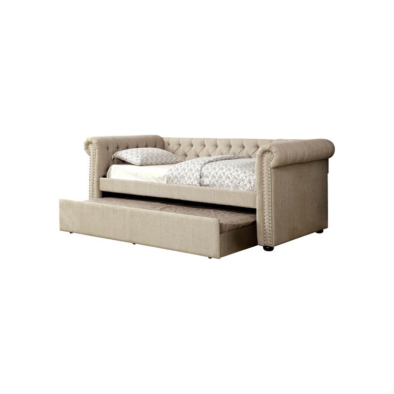 Bowery Hill Contemporary Fabric Tufted Queen Daybed with Trundle in Beige