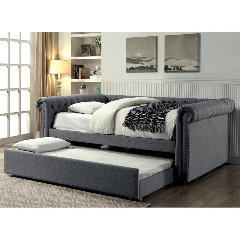 Bowery Hill Contemporary Fabric Tufted Full Daybed with Trundle in Gray