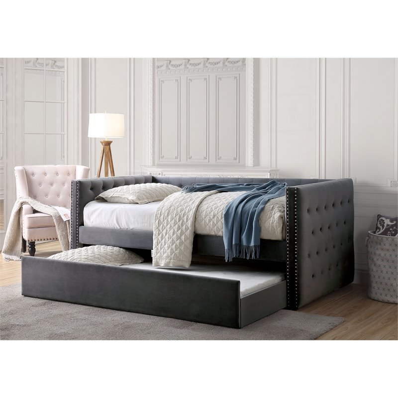 Bowery Hill Contemporary Contemporary Fabric Daybed with Trundle in Gray
