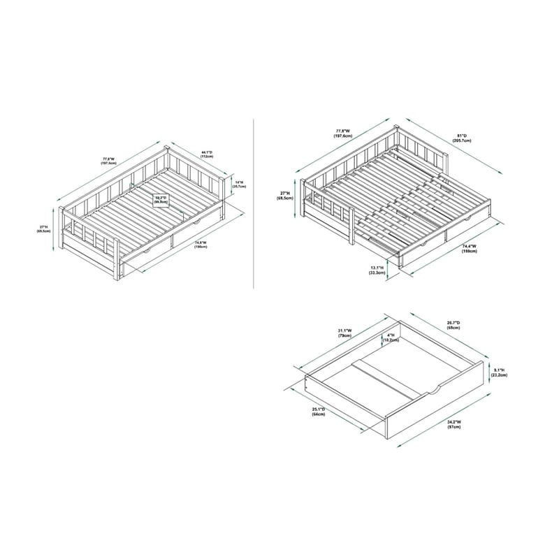 Bowery Hill Contemporary Wood Storage Trundle Daybed in White