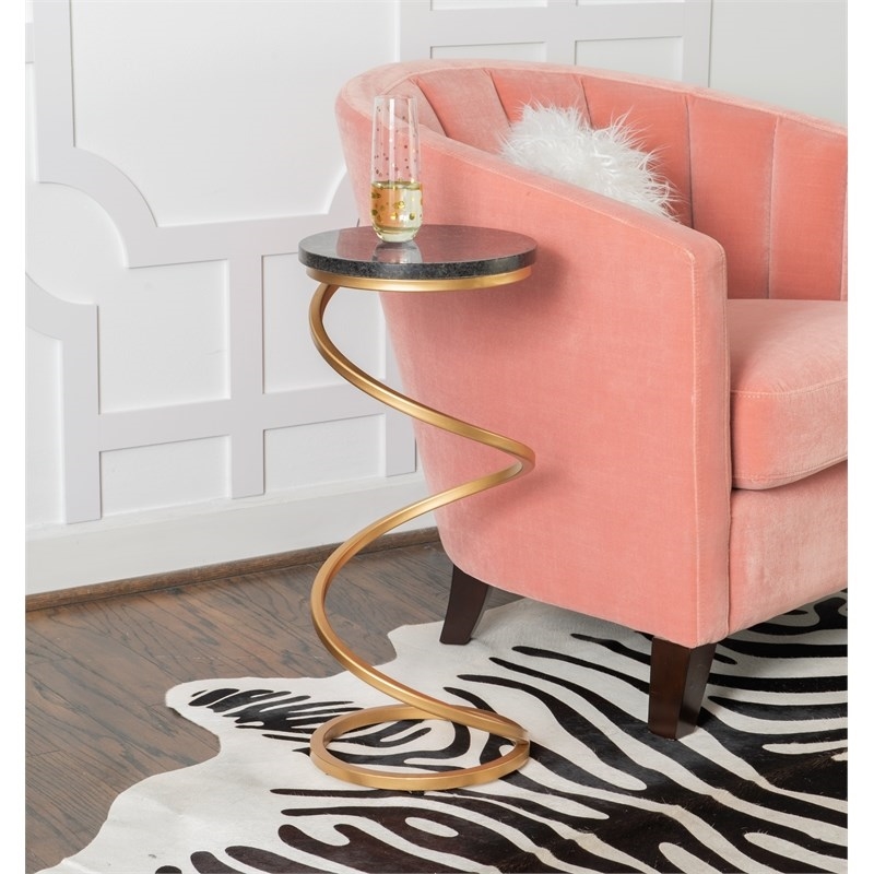 Bowery Hill Round Metal Drink Table with Iron Spiral Base in Gold/Black
