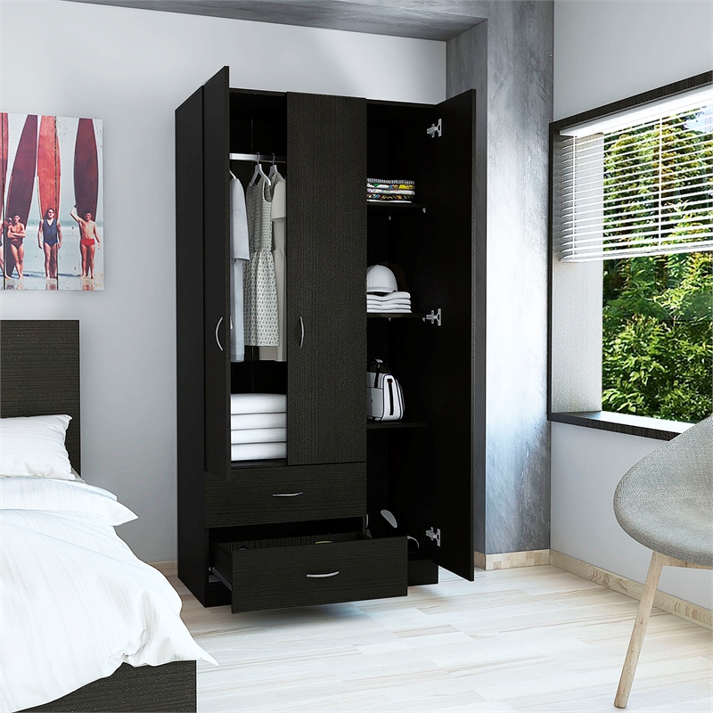 Bowery Hill 3-Door Modern Engineered Wood Austral Armoire in Black