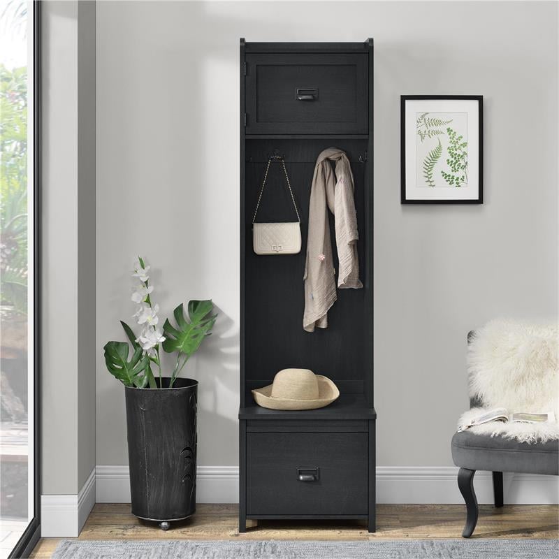 Bowery Hill Farmhouse Entryway Hall Tree with Storage Bench in Black Oak