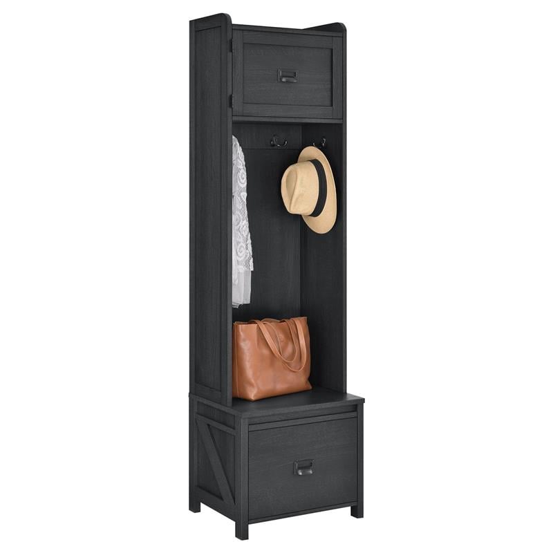Bowery Hill Farmhouse Entryway Hall Tree with Storage Bench in Black Oak