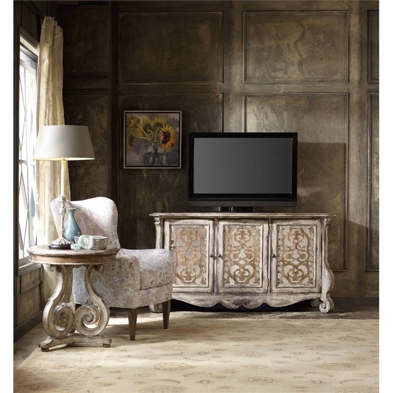 Bowery Hill 6-Shelf Wood Entertainment Console Table in Caramel Froth
