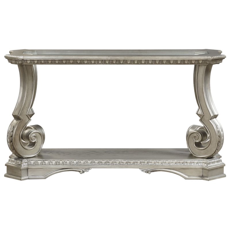 Bowery Hill Traditional Sofa Table in Antique Silver and Clear Glass