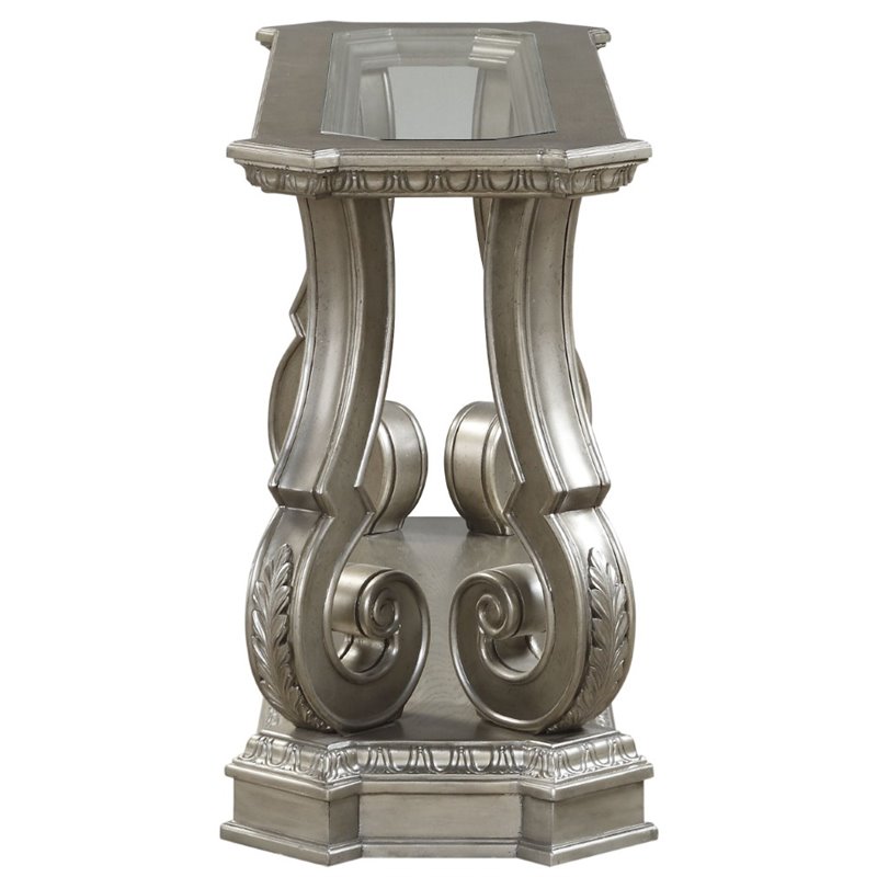 Bowery Hill Traditional Sofa Table in Antique Silver and Clear Glass