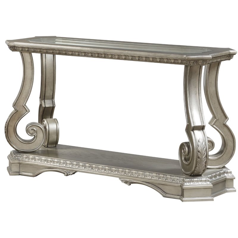 Bowery Hill Traditional Sofa Table in Antique Silver and Clear Glass