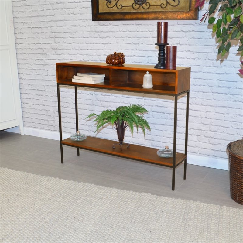 Bowery Hill Modern Metal Console in Chestnut and Black