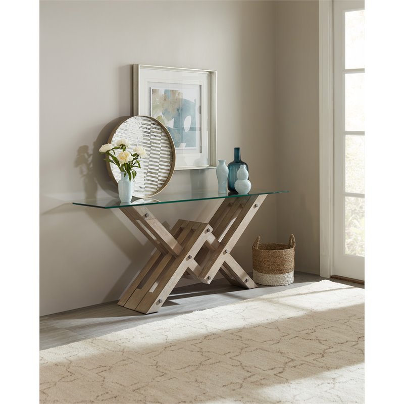 Bowery Hill Mid-Century Glass Top Accent Console in Greige Sand-Blasted Finish