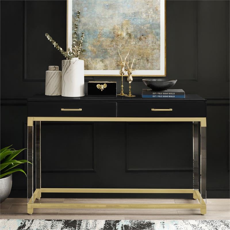 Bowery Hill Modern 2-Drawer Metal Console Table with Acrylic Legs in Black/Gold